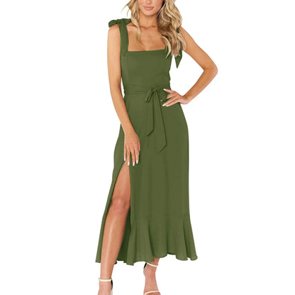FashionSierra - Solid Color Square Collar Bandage High Split Ruffles Hem Formal Commute Dress