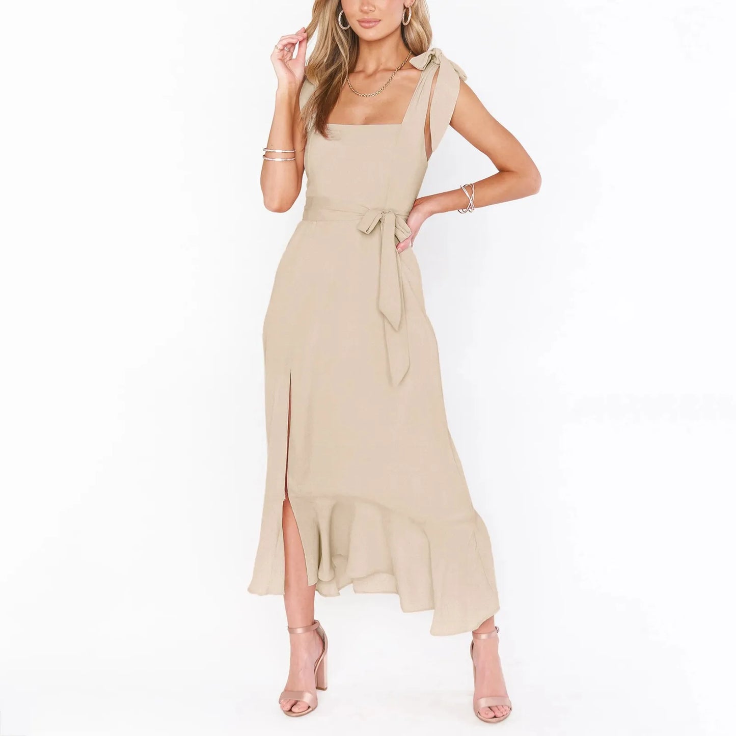 FashionSierra - Solid Color Square Collar Bandage High Split Ruffles Hem Formal Commute Dress