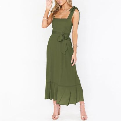 FashionSierra - Solid Color Square Collar Bandage High Split Ruffles Hem Formal Commute Dress
