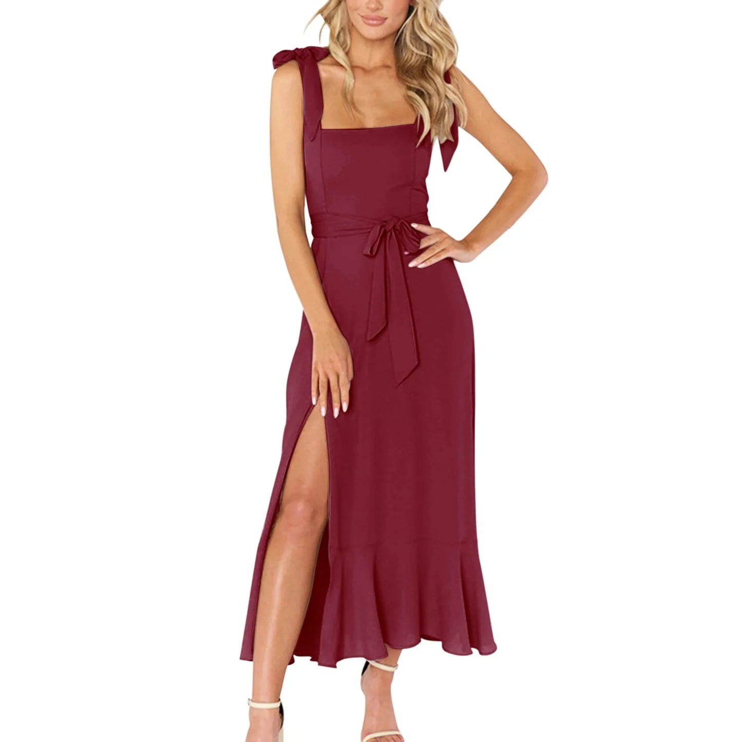 FashionSierra - Solid Color Square Collar Bandage High Split Ruffles Hem Formal Commute Dress