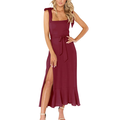 FashionSierra - Solid Color Square Collar Bandage High Split Ruffles Hem Formal Commute Dress