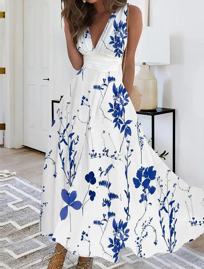 Summer Flower Printed Sleeveless Long Dresses Sexy V-neck Elegant Lady Party A-line Dress Fashion Chic Maxi Evening Vestidos New