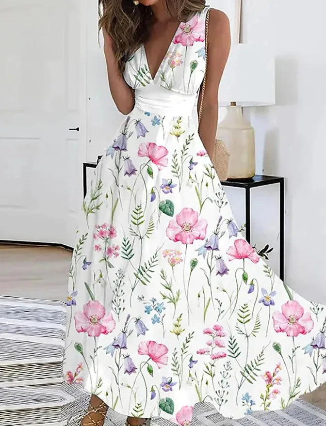 Summer Flower Printed Sleeveless Long Dresses Sexy V-neck Elegant Lady Party A-line Dress Fashion Chic Maxi Evening Vestidos New