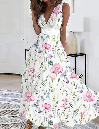 Summer Flower Printed Sleeveless Long Dresses Sexy V-neck Elegant Lady Party A-line Dress Fashion Chic Maxi Evening Vestidos New
