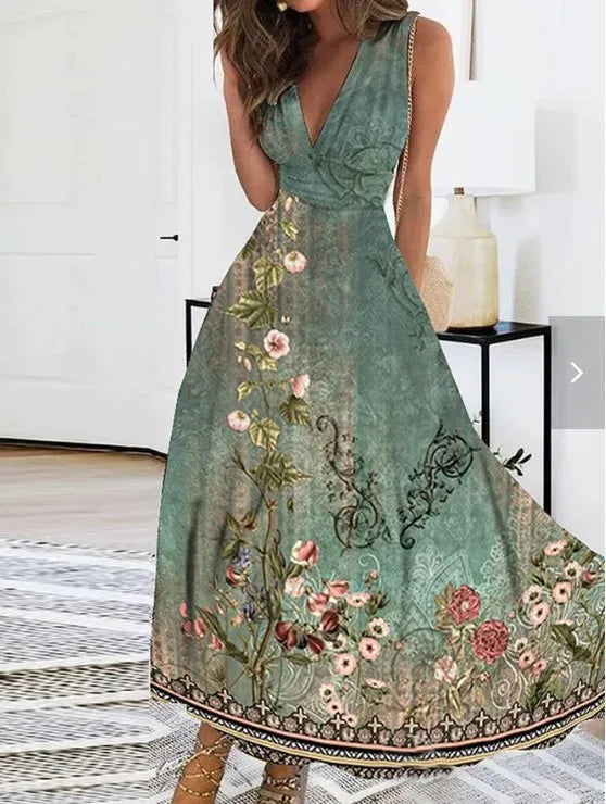 Summer Flower Printed Sleeveless Long Dresses Sexy V-neck Elegant Lady Party A-line Dress Fashion Chic Maxi Evening Vestidos New