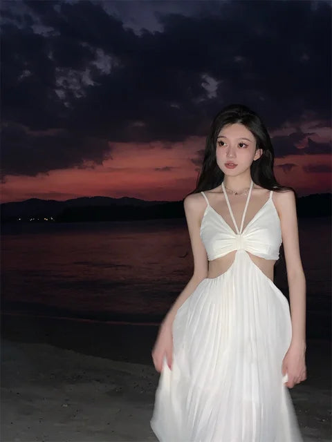 Summer New Fashion Sexy Pleated Holiday Beach Long Dresses for Women Vacation Spaghetti Strap A line Ladies Robe 2025 Sundress