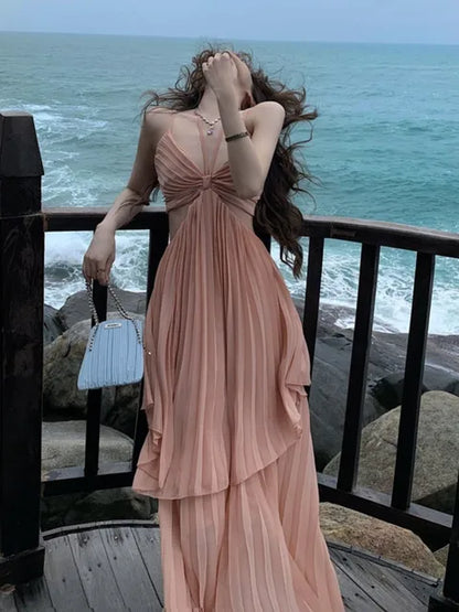 Summer New Fashion Sexy Pleated Holiday Beach Long Dresses for Women Vacation Spaghetti Strap A line Ladies Robe 2025 Sundress