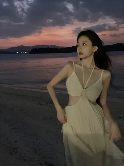 Summer New Fashion Sexy Pleated Holiday Beach Long Dresses for Women Vacation Spaghetti Strap A line Ladies Robe 2025 Sundress