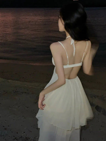 Summer New Fashion Sexy Pleated Holiday Beach Long Dresses for Women Vacation Spaghetti Strap A line Ladies Robe 2025 Sundress