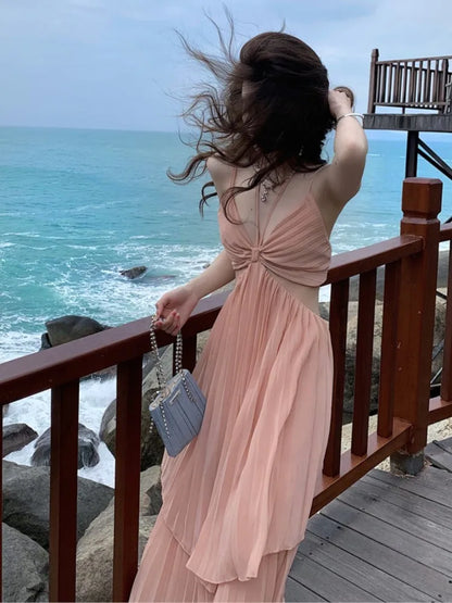 Summer New Fashion Sexy Pleated Holiday Beach Long Dresses for Women Vacation Spaghetti Strap A line Ladies Robe 2025 Sundress