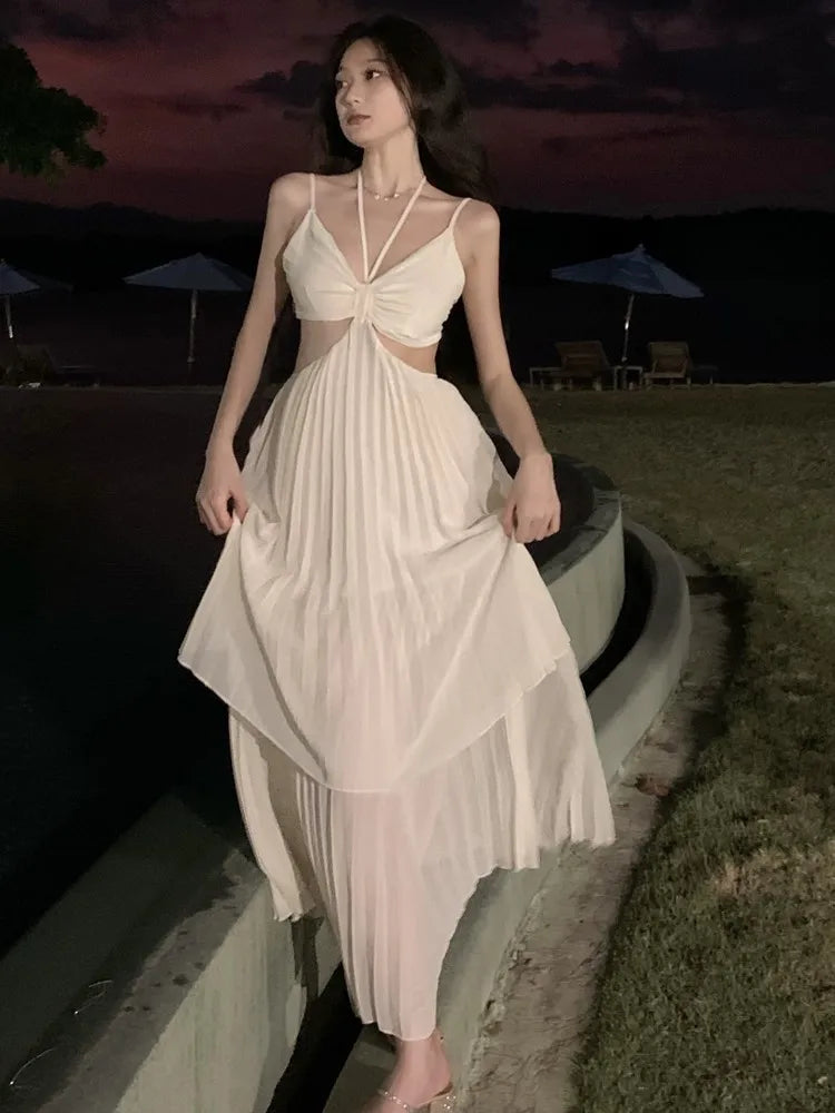 Summer New Fashion Sexy Pleated Holiday Beach Long Dresses for Women Vacation Spaghetti Strap A line Ladies Robe 2025 Sundress