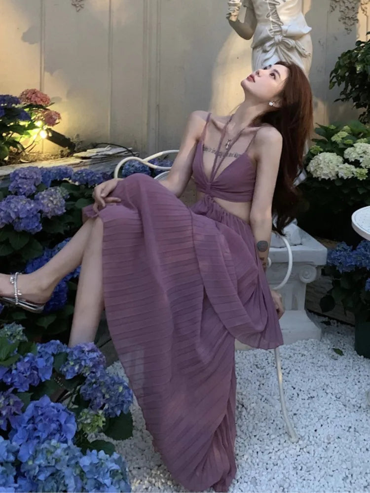 Summer New Fashion Sexy Pleated Holiday Beach Long Dresses for Women Vacation Spaghetti Strap A line Ladies Robe 2025 Sundress