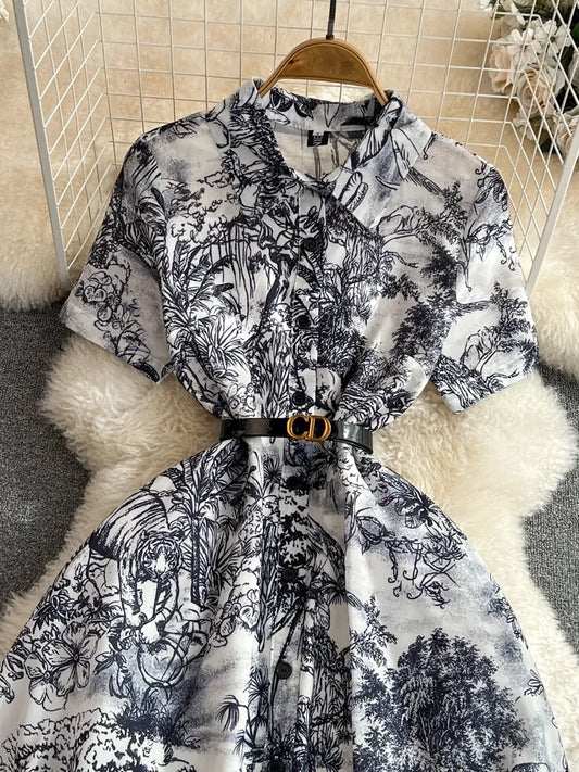 Summer Retro Shirt Dress Women Short Sleeved Lapel Single Breasted A-line Print Long Dresses Ladies Elegant Party Long Robe