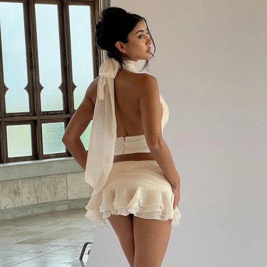 Ruffles Halter Hollow Floral Mini Slim Skirt