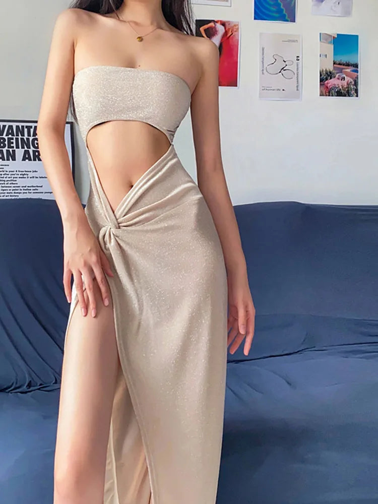 Summer Elegant Skinny Hollow Sleeveless Women 2025 Long Cut Out Dress
