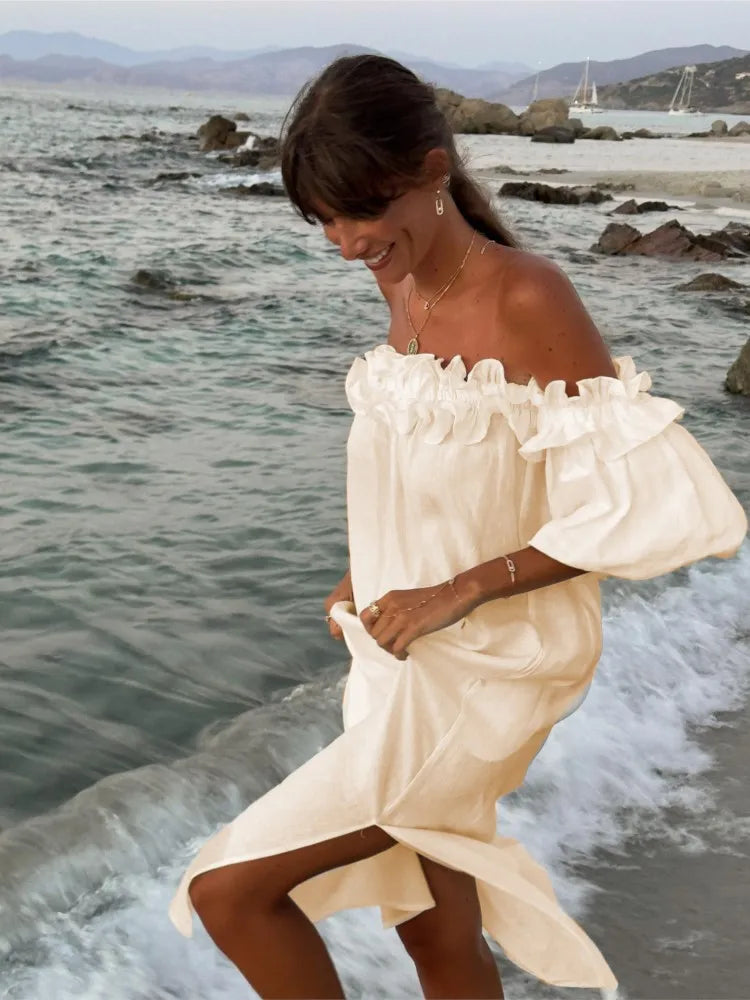 Summer Solid Color Slit Long Dresses Women Sexy Off Shoulder Backless Loose Beach Vacation Dress Fashion Casual Ladies Vestidos