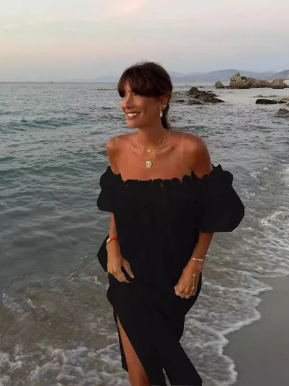 Summer Solid Color Slit Long Dresses Women Sexy Off Shoulder Backless Loose Beach Vacation Dress Fashion Casual Ladies Vestidos