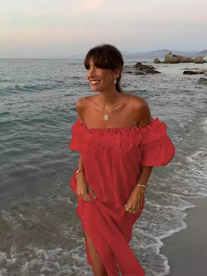 Summer Solid Color Slit Long Dresses Women Sexy Off Shoulder Backless Loose Beach Vacation Dress Fashion Casual Ladies Vestidos