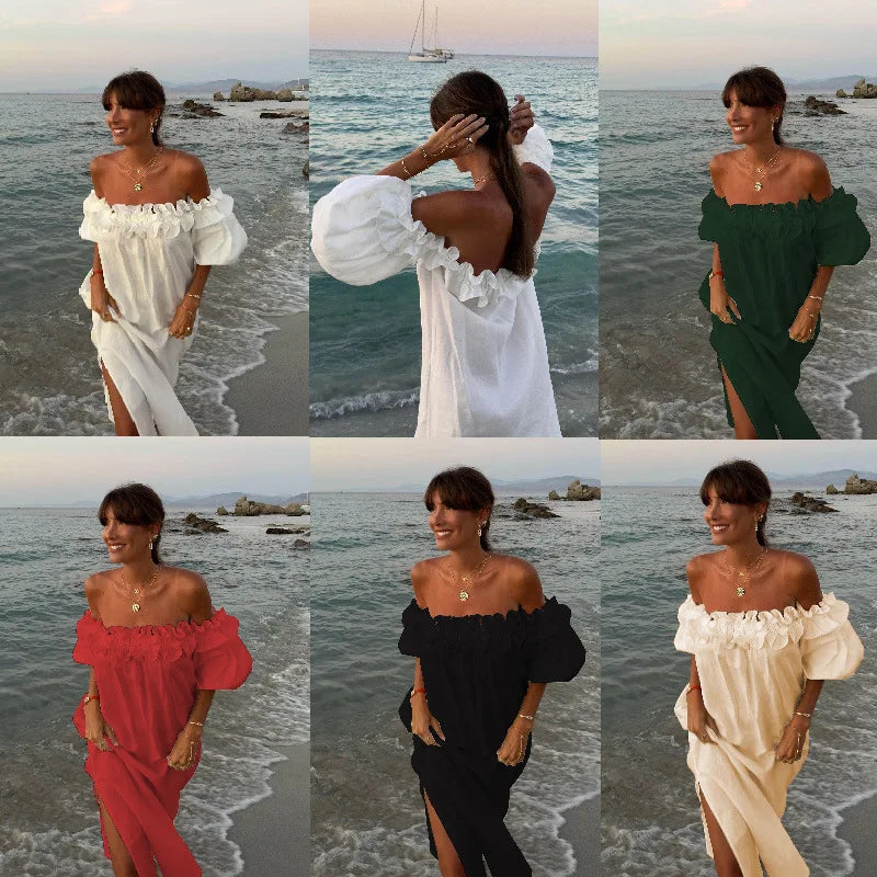 Summer Solid Color Slit Long Dresses Women Sexy Off Shoulder Backless Loose Beach Vacation Dress Fashion Casual Ladies Vestidos