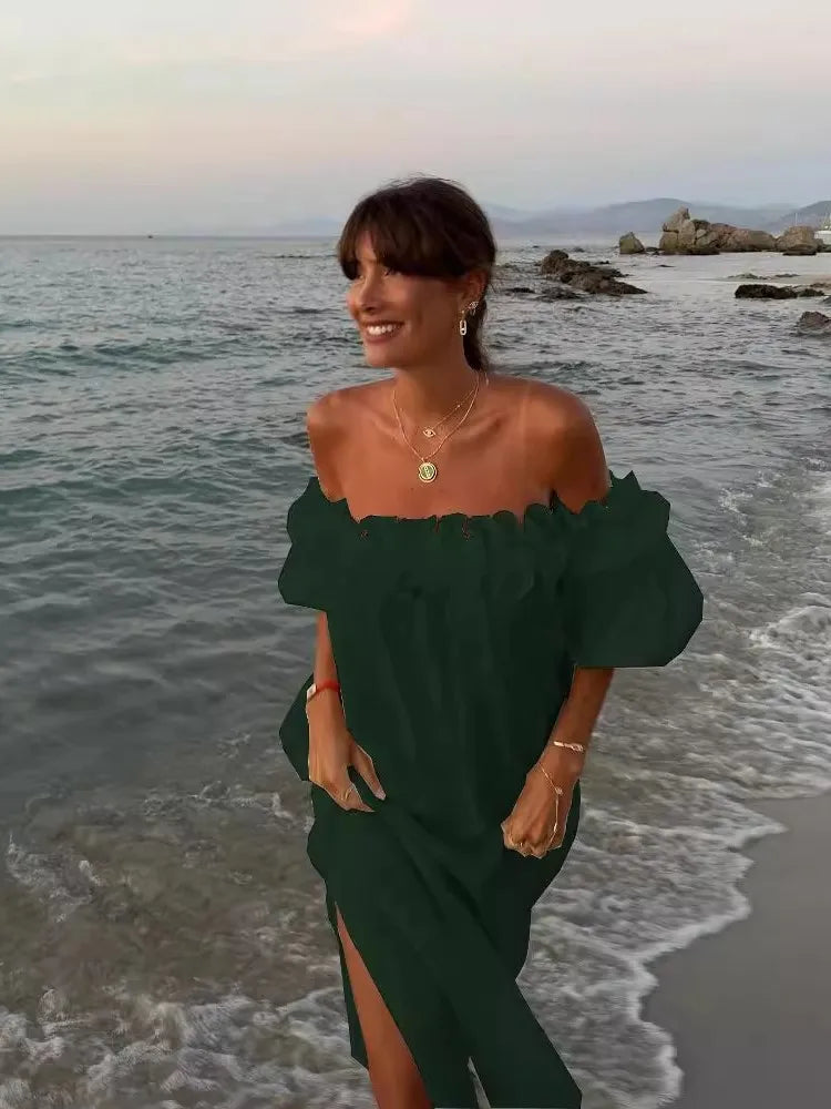 Summer Solid Color Slit Long Dresses Women Sexy Off Shoulder Backless Loose Beach Vacation Dress Fashion Casual Ladies Vestidos