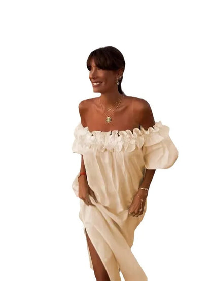 Summer Solid Color Slit Long Dresses Women Sexy Off Shoulder Backless Loose Beach Vacation Dress Fashion Casual Ladies Vestidos