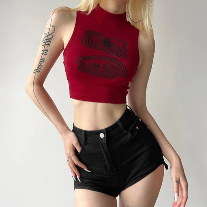 Summer Tank Top Women Y2k Clothing Fashion Crop Top High Neck Red Printing Sleeveless Sexy Streetwear Girls’ Short Tops