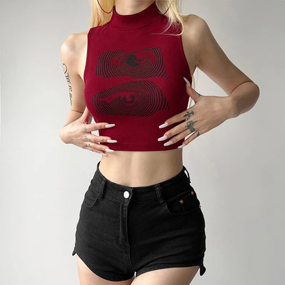 Summer Tank Top Women Y2k Clothing Fashion Crop Top High Neck Red Printing Sleeveless Sexy Streetwear Girls’ Short Tops