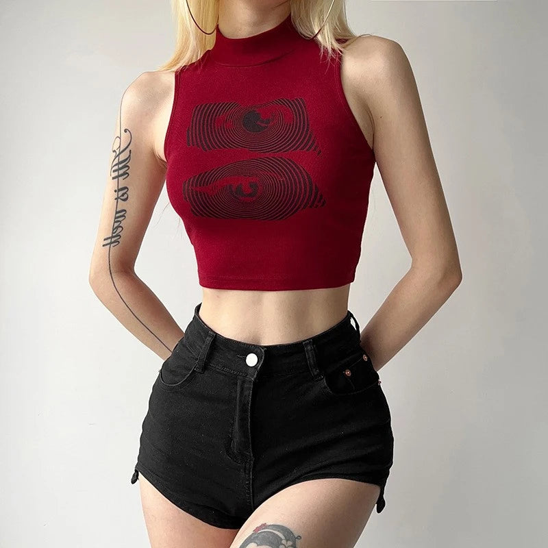 Summer Tank Top Women Y2k Clothing Fashion Crop Top High Neck Red Printing Sleeveless Sexy Streetwear Girls’ Short Tops
