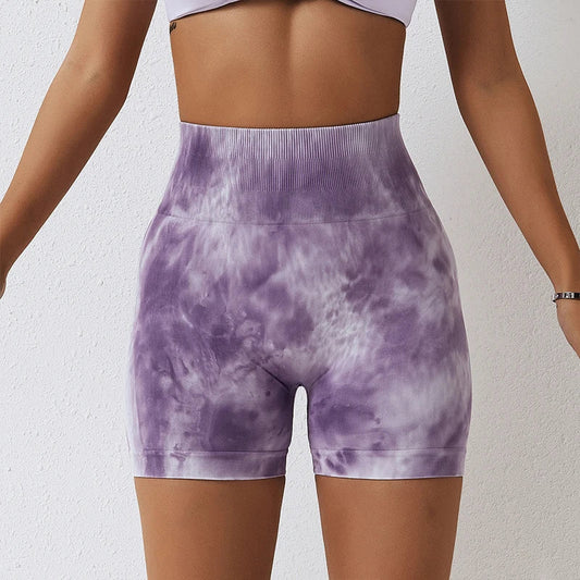 Summer Marbling Tie Buttock Lift Gym Women Fitness Tights High Waist Booty Sports Short