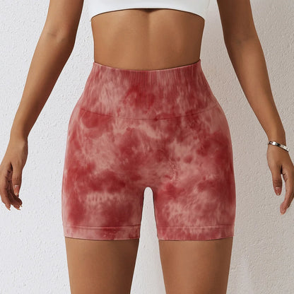 Summer Marbling Tie Buttock Lift Gym Women Fitness Tights High Waist Booty Sports Short