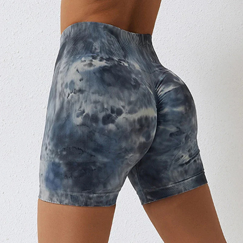 Summer Marbling Tie Buttock Lift Gym Women Fitness Tights High Waist Booty Sports Short