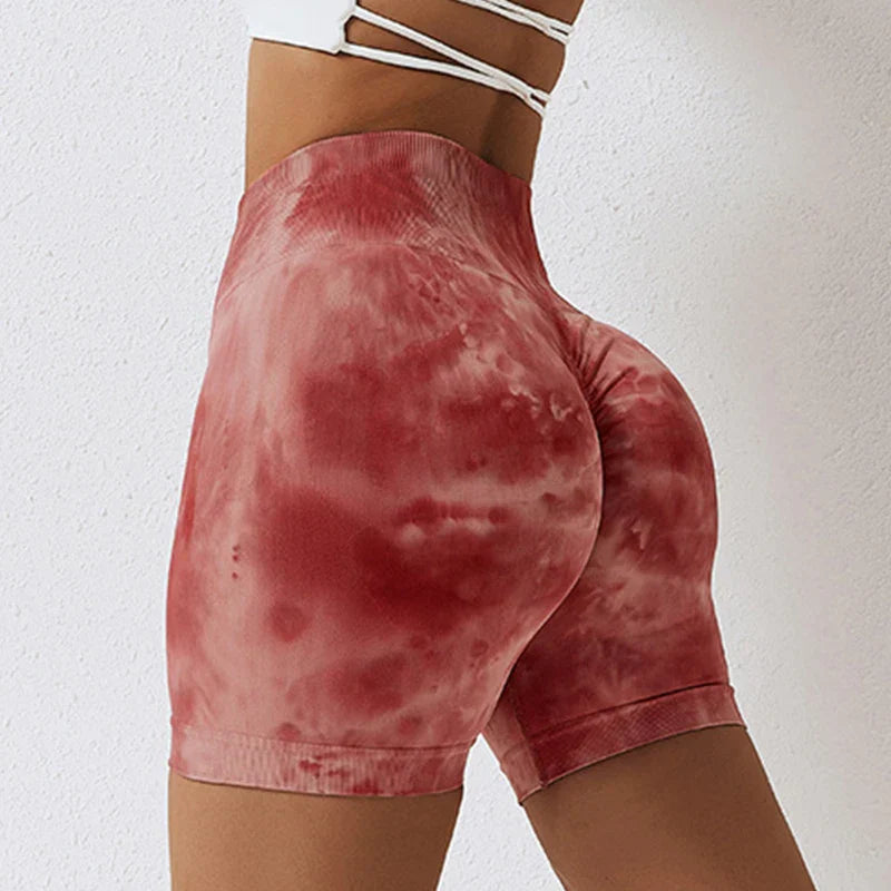 Summer Marbling Tie Buttock Lift Gym Women Fitness Tights High Waist Booty Sports Short