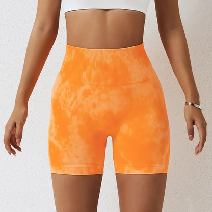 Summer Marbling Tie Buttock Lift Gym Women Fitness Tights High Waist Booty Sports Short