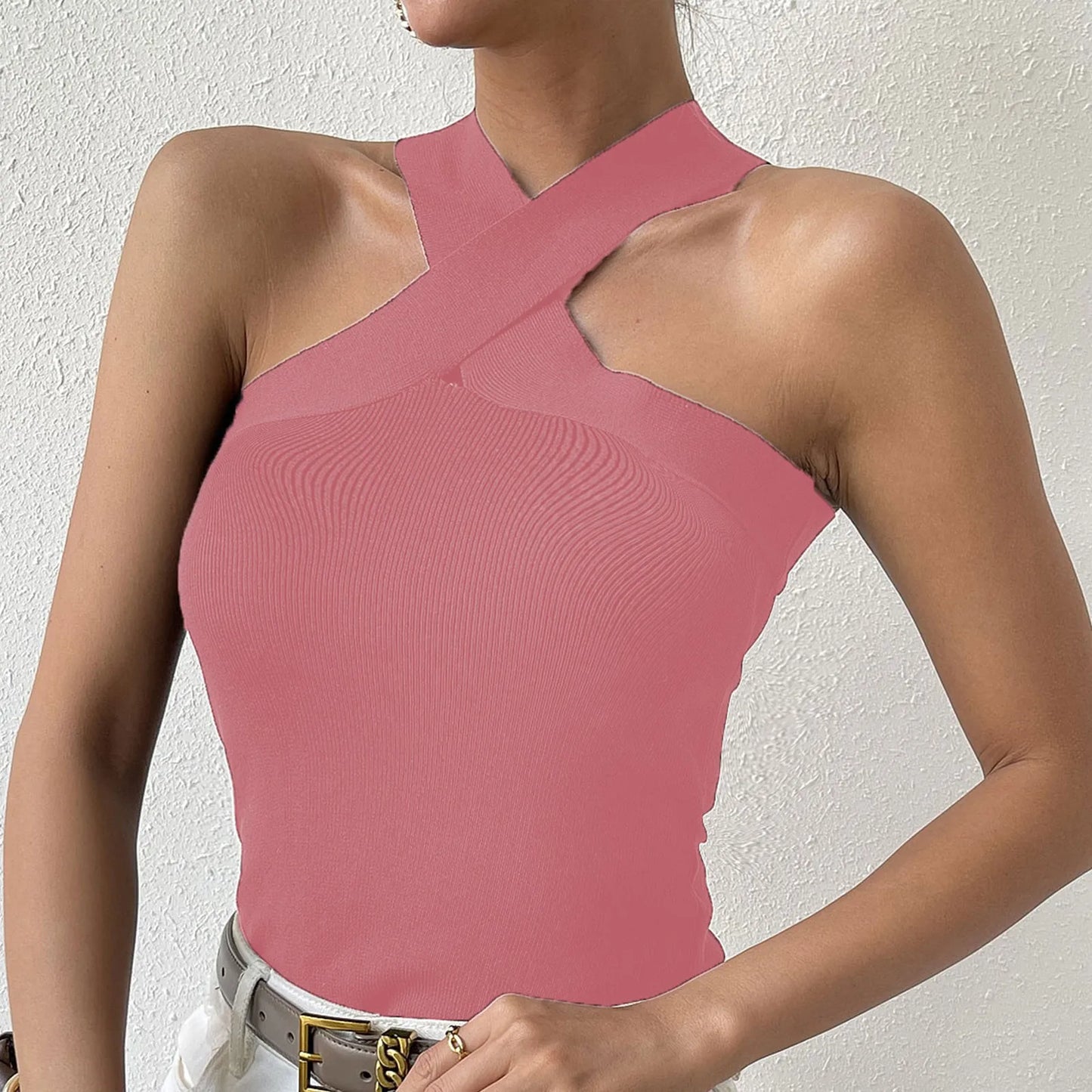 Summer Sexy Knitted Suspender Cross Halter Dew Shoulder Streetwear Cami Top