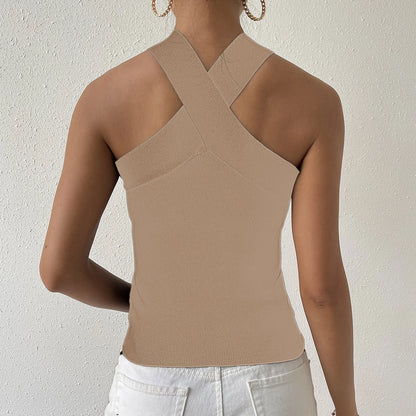 Summer Sexy Knitted Suspender Cross Halter Dew Shoulder Streetwear Cami Top