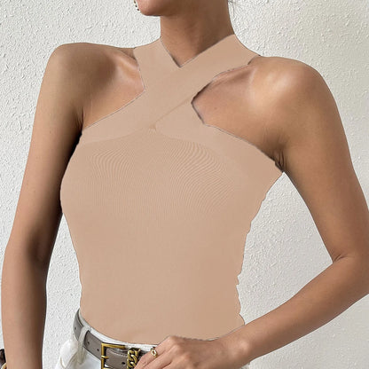 Summer Sexy Knitted Suspender Cross Halter Dew Shoulder Streetwear Cami Top