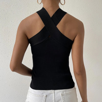Summer Sexy Knitted Suspender Cross Halter Dew Shoulder Streetwear Cami Top