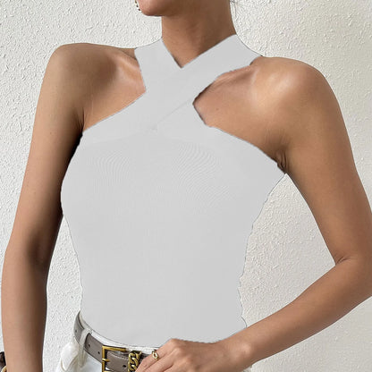 Summer Sexy Knitted Suspender Cross Halter Dew Shoulder Streetwear Cami Top