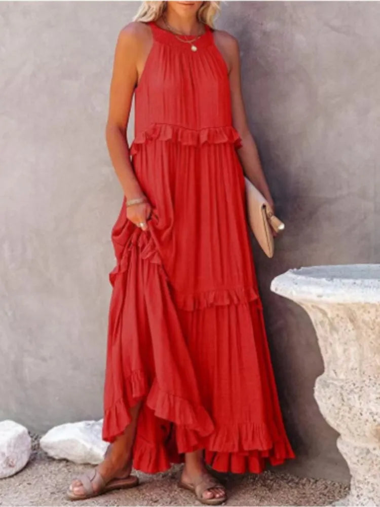 Summer Vacation Style Halter Neck Long Dresses Women Fashion Backless Leace-up Loose Ruffles Beach Dress Elegant Ladies Vestidos