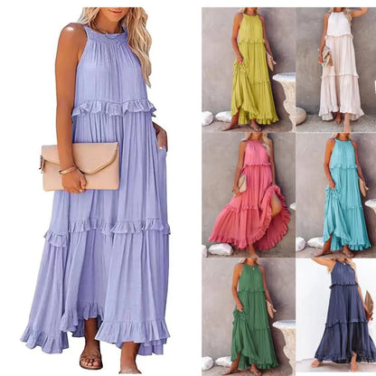 Summer Vacation Style Halter Neck Long Dresses Women Fashion Backless Leace-up Loose Ruffles Beach Dress Elegant Ladies Vestidos