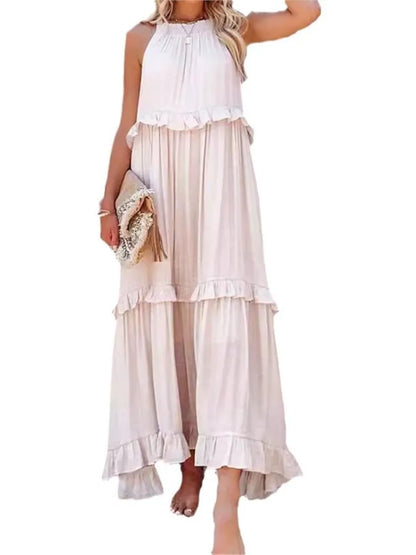 Summer Vacation Style Halter Neck Long Dresses Women Fashion Backless Leace-up Loose Ruffles Beach Dress Elegant Ladies Vestidos