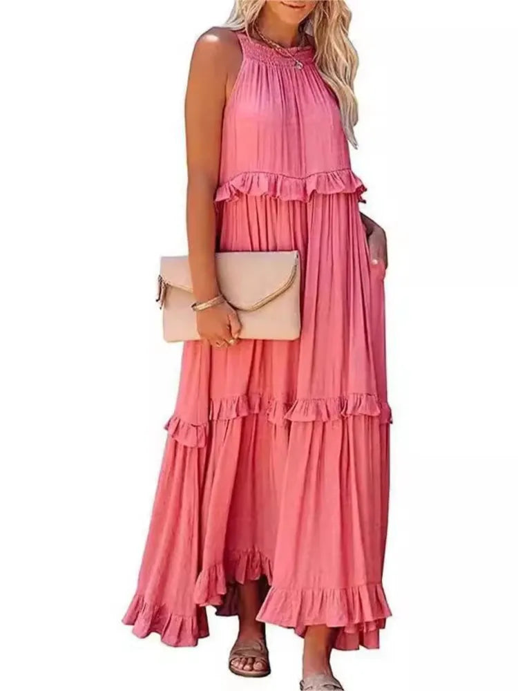 Summer Vacation Style Halter Neck Long Dresses Women Fashion Backless Leace-up Loose Ruffles Beach Dress Elegant Ladies Vestidos