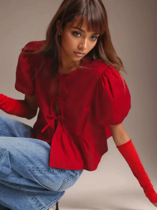 Summer Vintage Red 2025 New Korean Retro Bubble Sleeve Female Women's Fashion Shirt Blouse