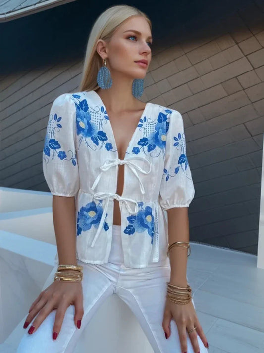 Summer Vintage 2025 Spring Korean Fashion Casual Linen Placket Lace-up Female Shirt Blouse