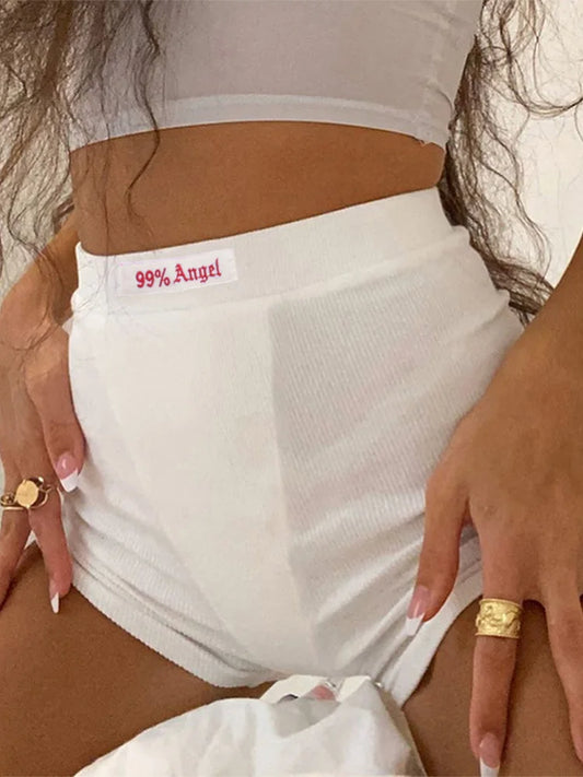 Summer Letter Embroidery Biker Women Ribber Knit Black High Waist Casual Streetwear Short