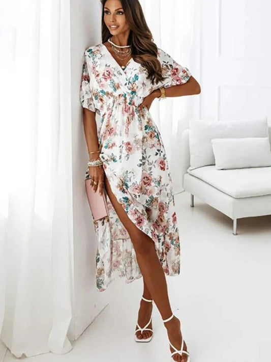 Summer Women Chiffon Floral Deep V Neck Big Hem Beach Party White Casual Fashion Ruffle Long 2025 Midi Dress