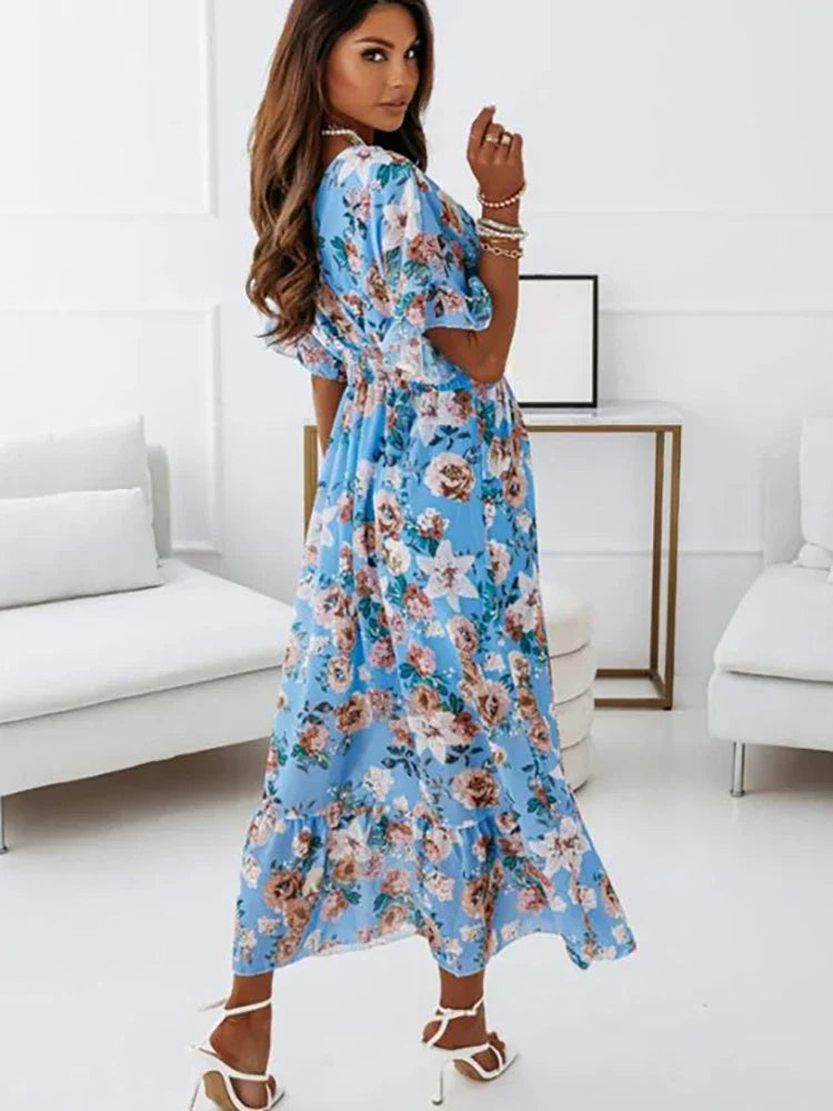 Summer Women Chiffon Floral Deep V Neck Big Hem Beach Party White Casual Fashion Ruffle Long 2025 Midi Dress