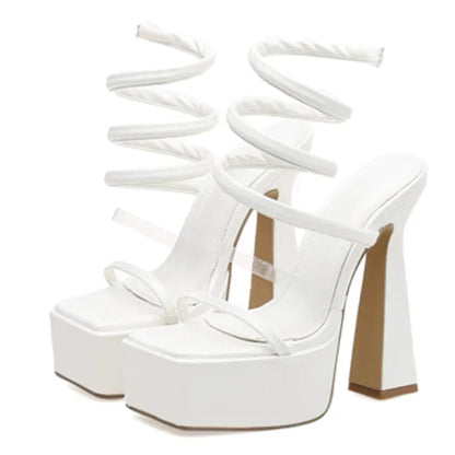 Trendy Summer Women__ Platform Sexy Open Toe Narrow Band Thick High Heel High Heel