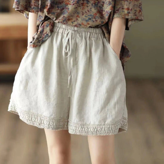 Summer Women'S Show Thin Straight Leg Pants Retro Hollowed Out Hook Flower Cotton And Literary Lace Casual Pants Short