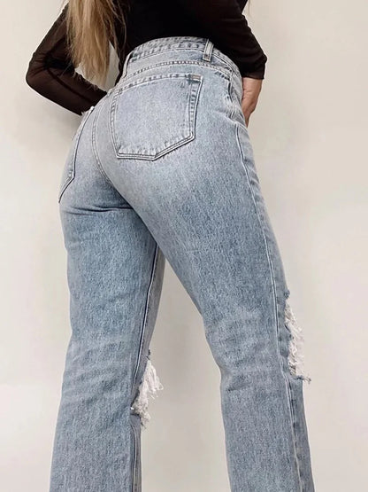 FashionSierra - Women Stretch Skinny Ripped Light Blue Vintage Trouser